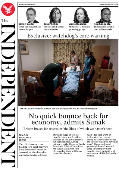 The Independent Newspaper Front Page for 20 May 2020