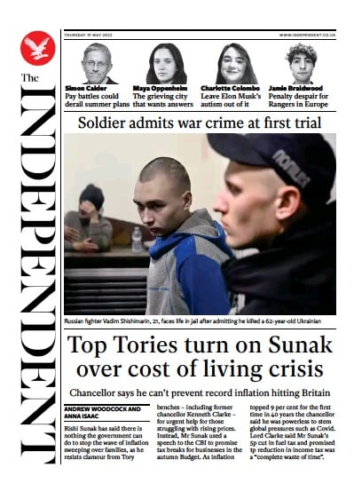 The Independent (UK) Newspaper Front Page for 20 May 2022