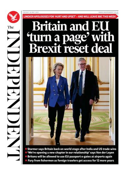The Independent (UK) Newspaper Front Page for 20 May 2025