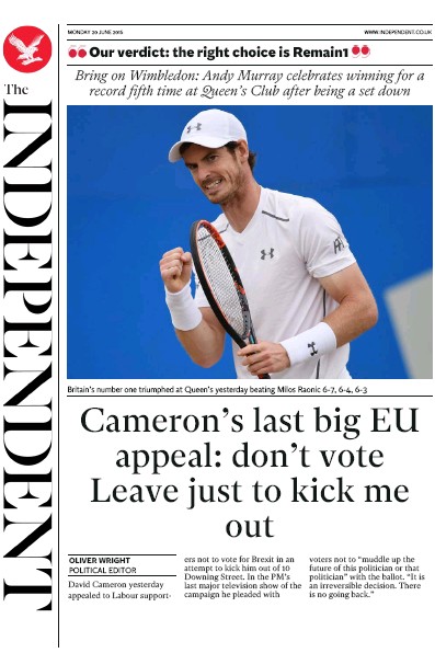 The Independent Newspaper Front Page for 20 June 2016