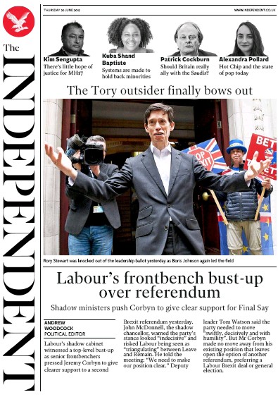The Independent Newspaper Front Page for 20 June 2019