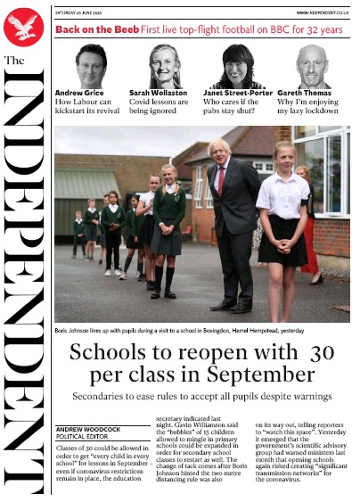 The Independent Newspaper Front Page for 20 June 2020