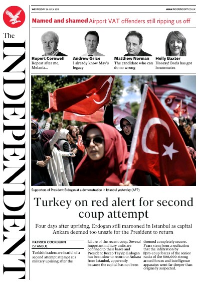 The Independent Newspaper Front Page for 20 July 2016