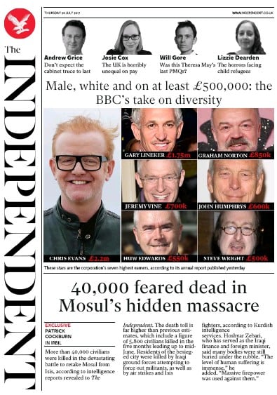 The Independent (UK) Newspaper Front Page for 20 July 2017