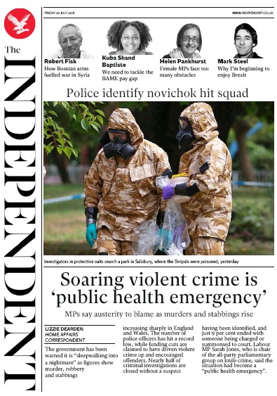 The Independent Newspaper Front Page for 20 July 2018