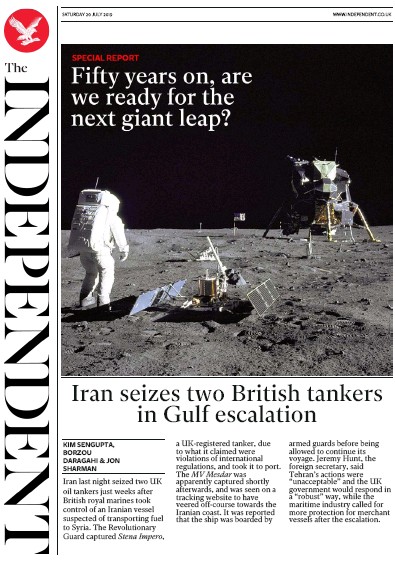The Independent Newspaper Front Page for 20 July 2019