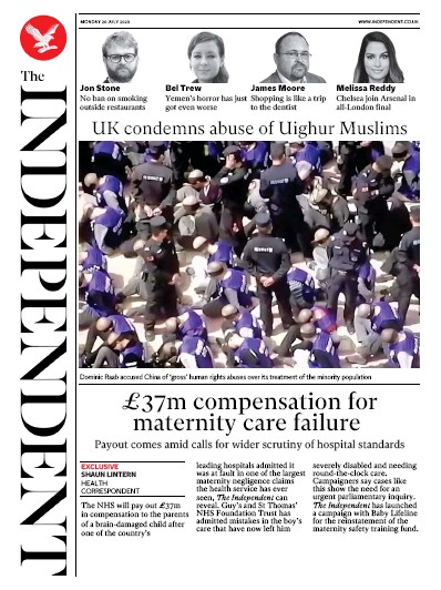 The Independent Newspaper Front Page for 20 July 2020