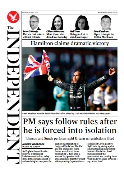 The Independent (UK) Newspaper Front Page for 20 July 2021