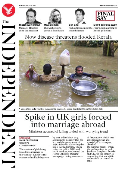 The Independent Newspaper Front Page for 20 August 2018