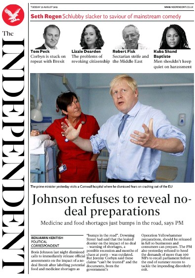 The Independent Newspaper Front Page for 20 August 2019