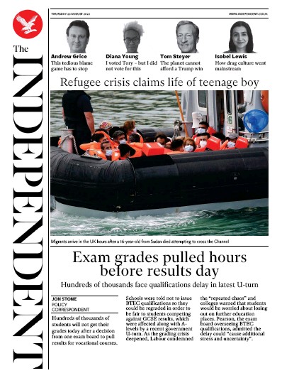 The Independent Newspaper Front Page for 20 August 2020