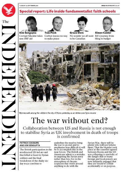 The Independent Newspaper Front Page for 20 September 2016