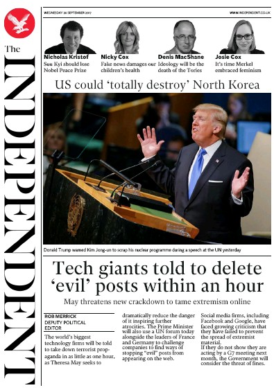 The Independent (UK) Newspaper Front Page for 20 September 2017