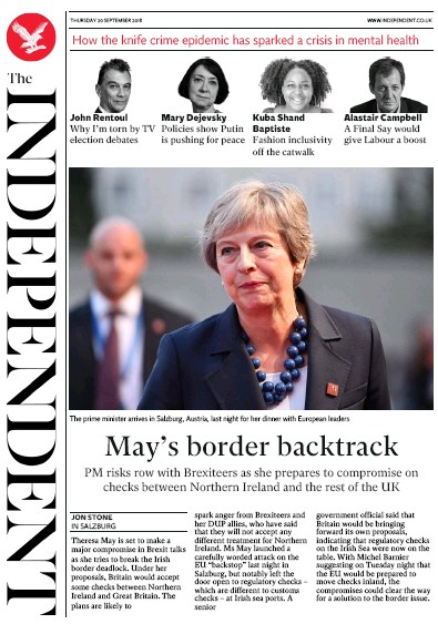 The Independent (UK) Newspaper Front Page for 20 September 2018