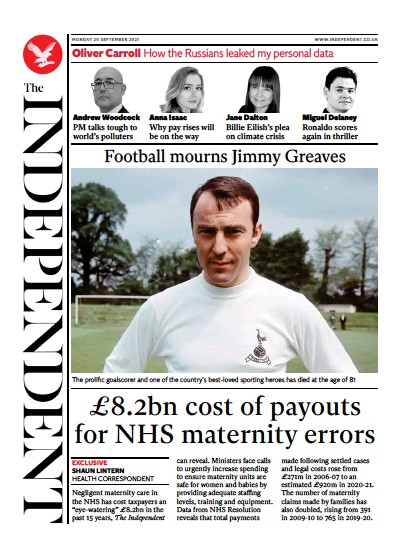 The Independent (UK) Newspaper Front Page for 20 September 2021