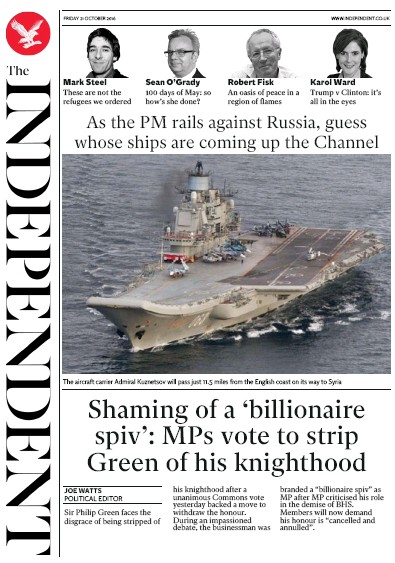 The Independent Newspaper Front Page for 21 October 2016