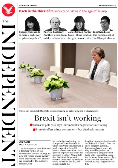 The Independent Newspaper Front Page for 21 October 2017
