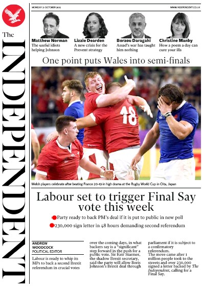 The Independent Newspaper Front Page for 21 October 2019