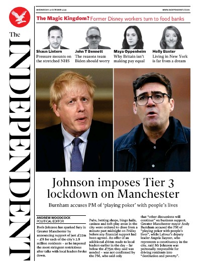 The Independent Newspaper Front Page for 21 October 2020