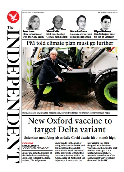 The Independent (UK) Newspaper Front Page for 21 October 2021
