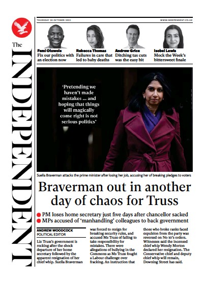 The Independent Newspaper Front Page for 21 October 2022