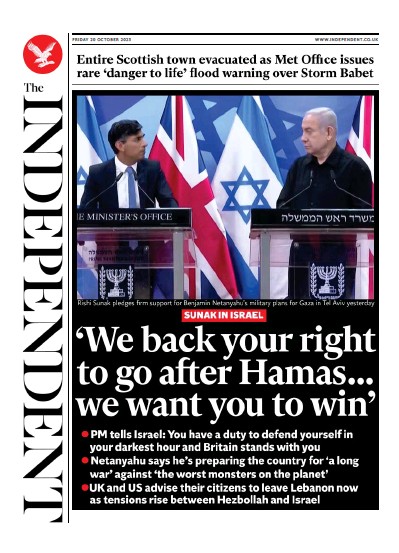 The Independent (UK) Newspaper Front Page for 21 October 2023