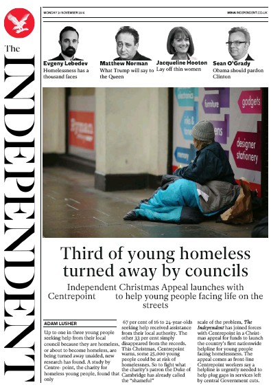 The Independent Newspaper Front Page for 21 November 2016