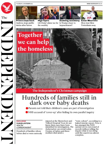 The Independent Newspaper Front Page for 21 November 2019