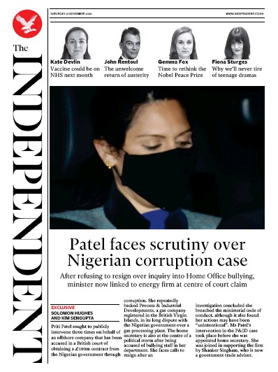 The Independent Newspaper Front Page for 21 November 2020