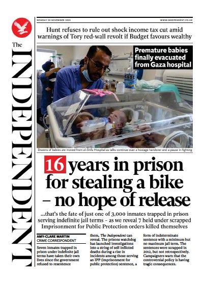 The Independent (UK) Newspaper Front Page for 21 November 2023
