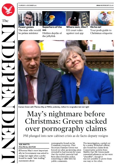 The Independent Newspaper Front Page for 21 December 2017