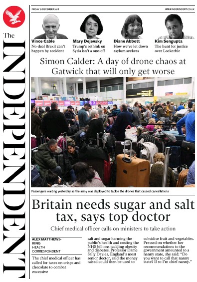 The Independent (UK) Newspaper Front Page for 21 December 2018