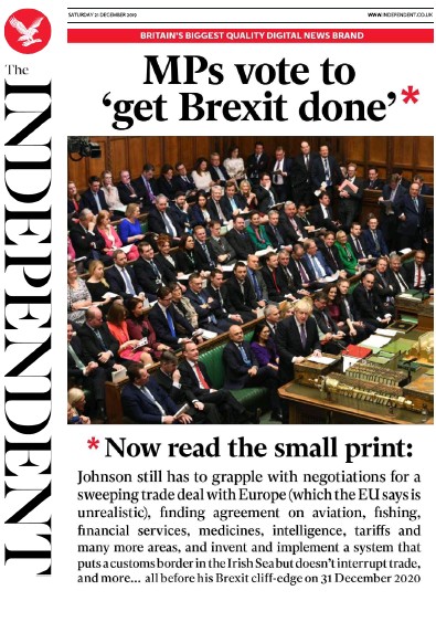The Independent (UK) Newspaper Front Page for 21 December 2019