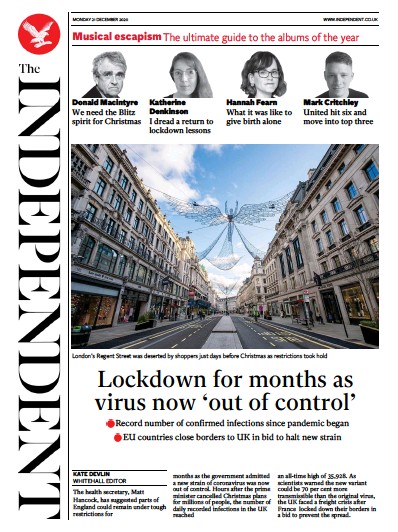 The Independent Newspaper Front Page for 21 December 2020