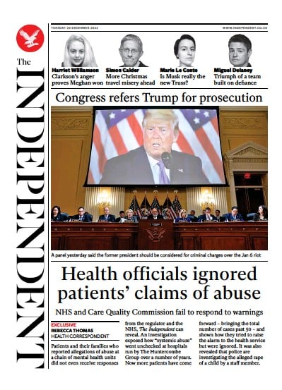 The Independent (UK) Newspaper Front Page for 21 December 2022