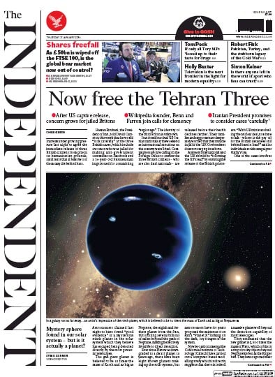 The Independent (UK) Newspaper Front Page for 21 January 2016