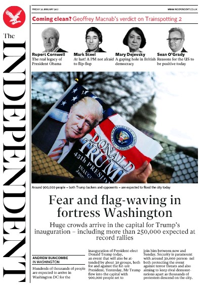 The Independent Newspaper Front Page for 21 January 2017