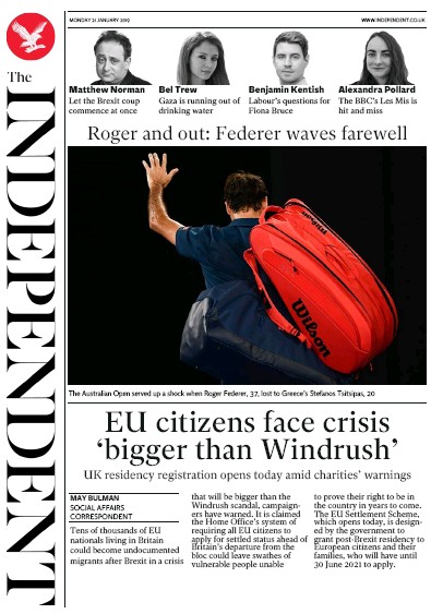The Independent Newspaper Front Page for 21 January 2019