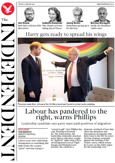 The Independent Newspaper Front Page for 21 January 2020