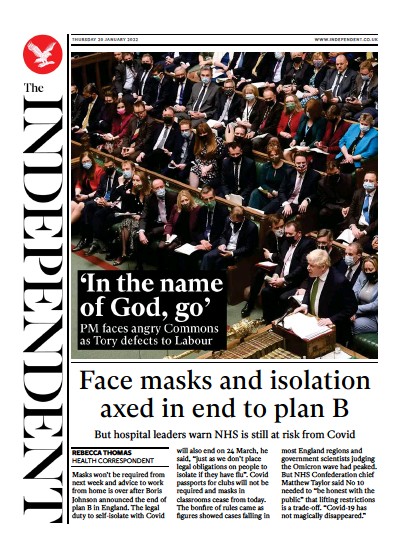 The Independent (UK) Newspaper Front Page for 21 January 2022