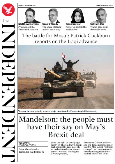 The Independent Newspaper Front Page for 21 February 2017