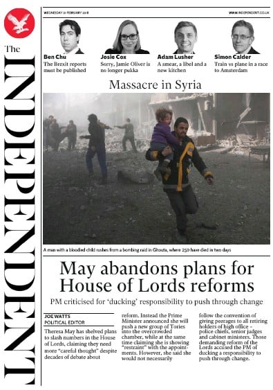 The Independent Newspaper Front Page for 21 February 2018