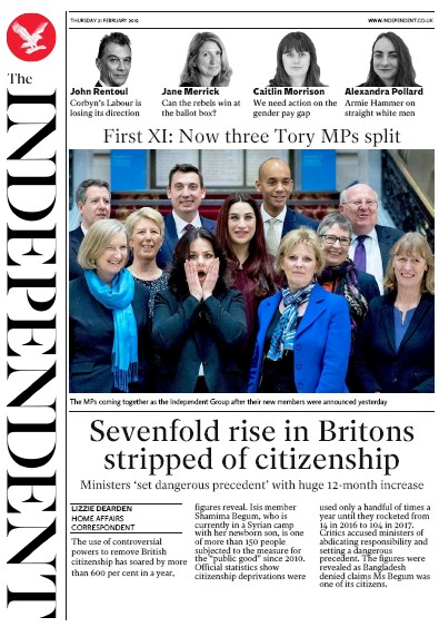 The Independent Newspaper Front Page for 21 February 2019