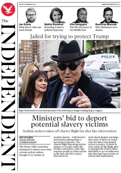 The Independent Newspaper Front Page for 21 February 2020