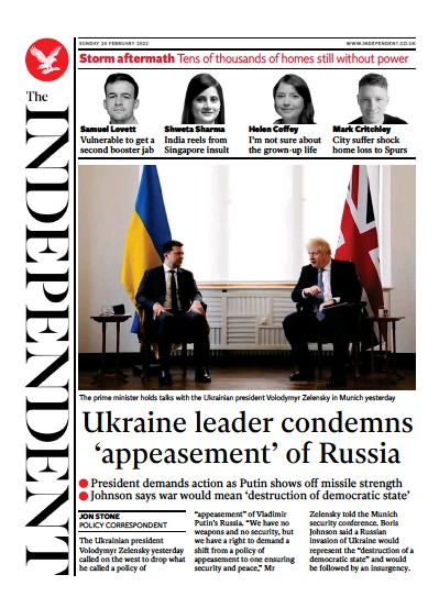 The Independent Newspaper Front Page for 21 February 2022