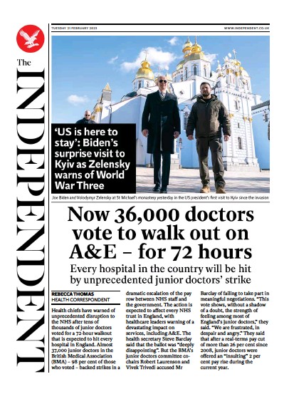 The Independent (UK) Newspaper Front Page for 21 February 2023
