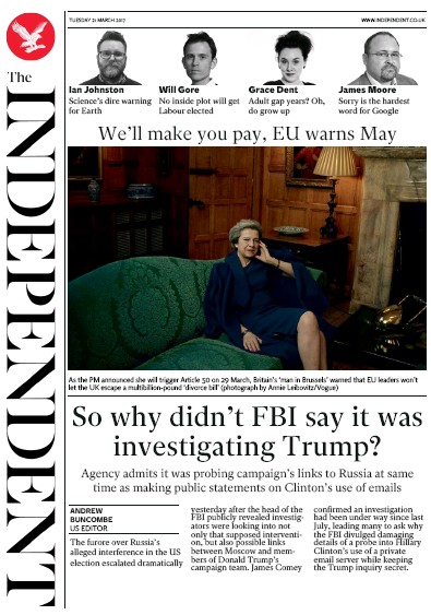 The Independent Newspaper Front Page for 21 March 2017