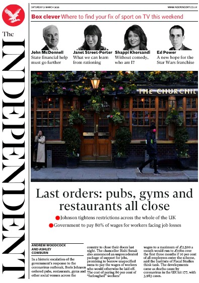 The Independent Newspaper Front Page for 21 March 2020