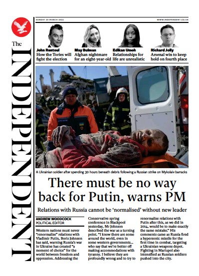 The Independent (UK) Newspaper Front Page for 21 March 2022