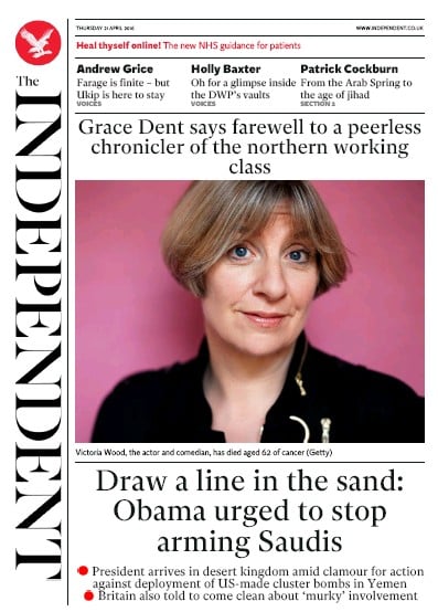 The Independent Newspaper Front Page for 21 April 2016